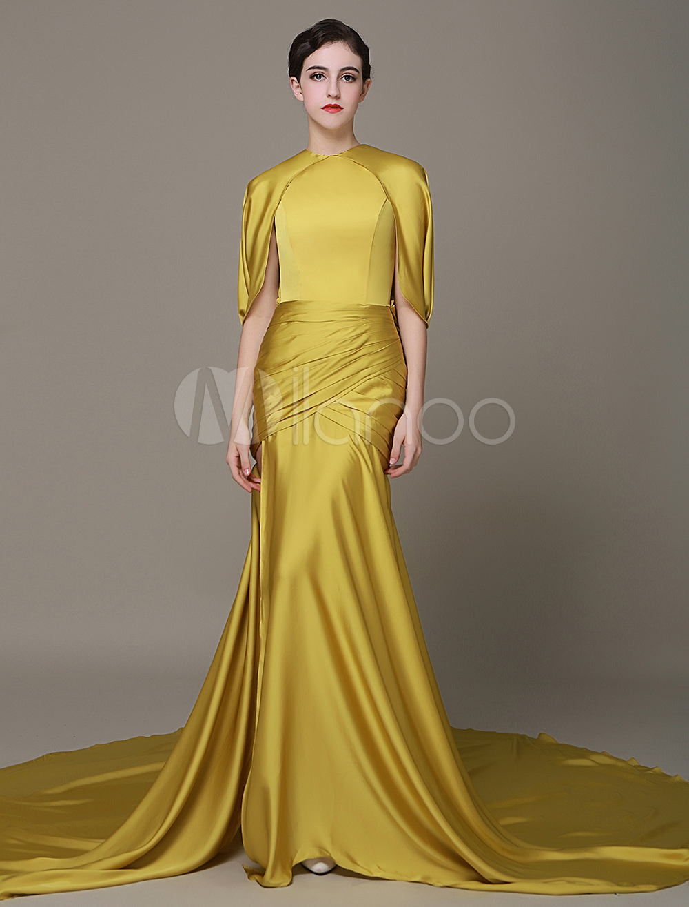 Golden Satin Evening Dress High Split Prom Dress 2018 Chaple Train Red