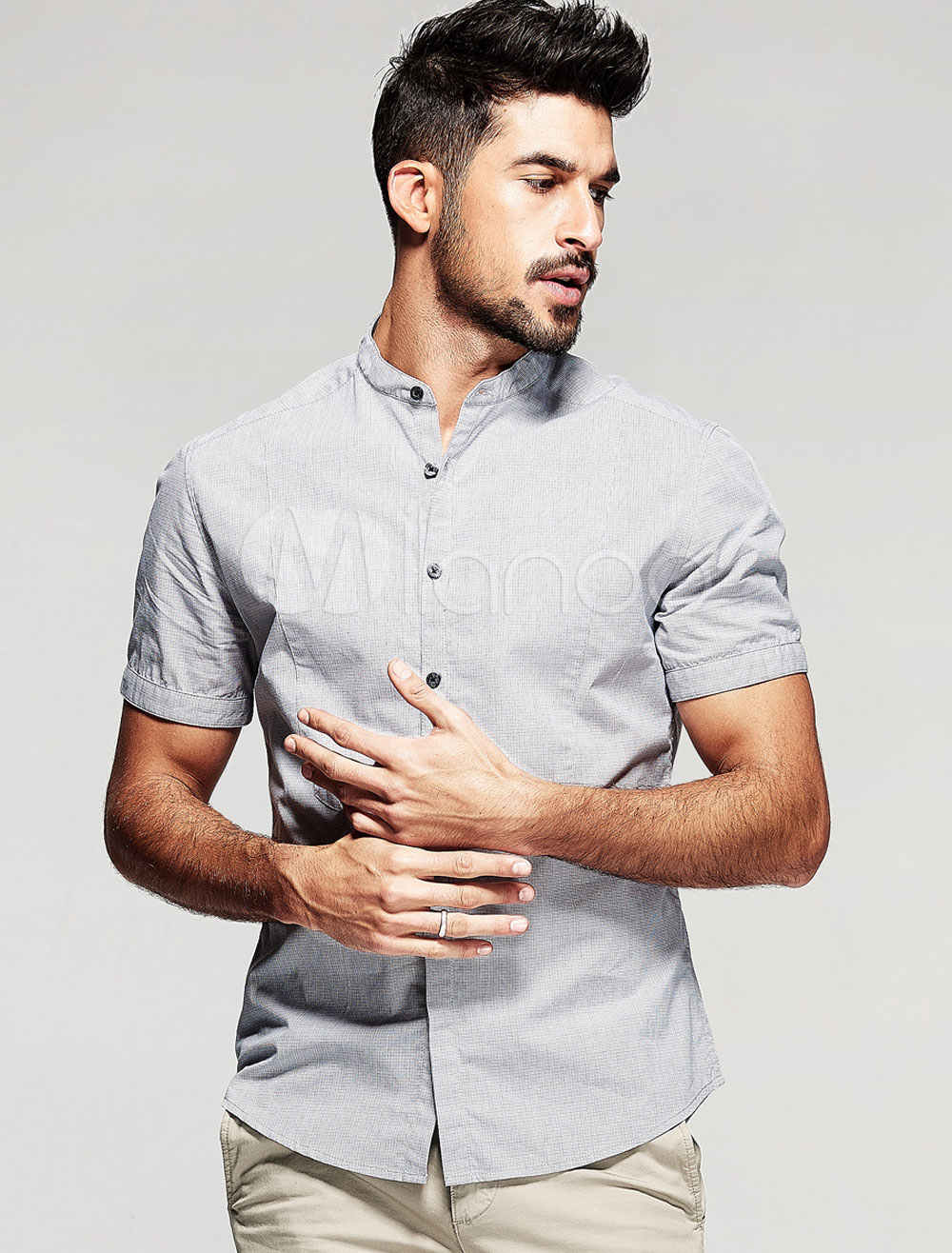 Light Gray Shirt Slim Fit Cotton Shirt for Men - Milanoo.com