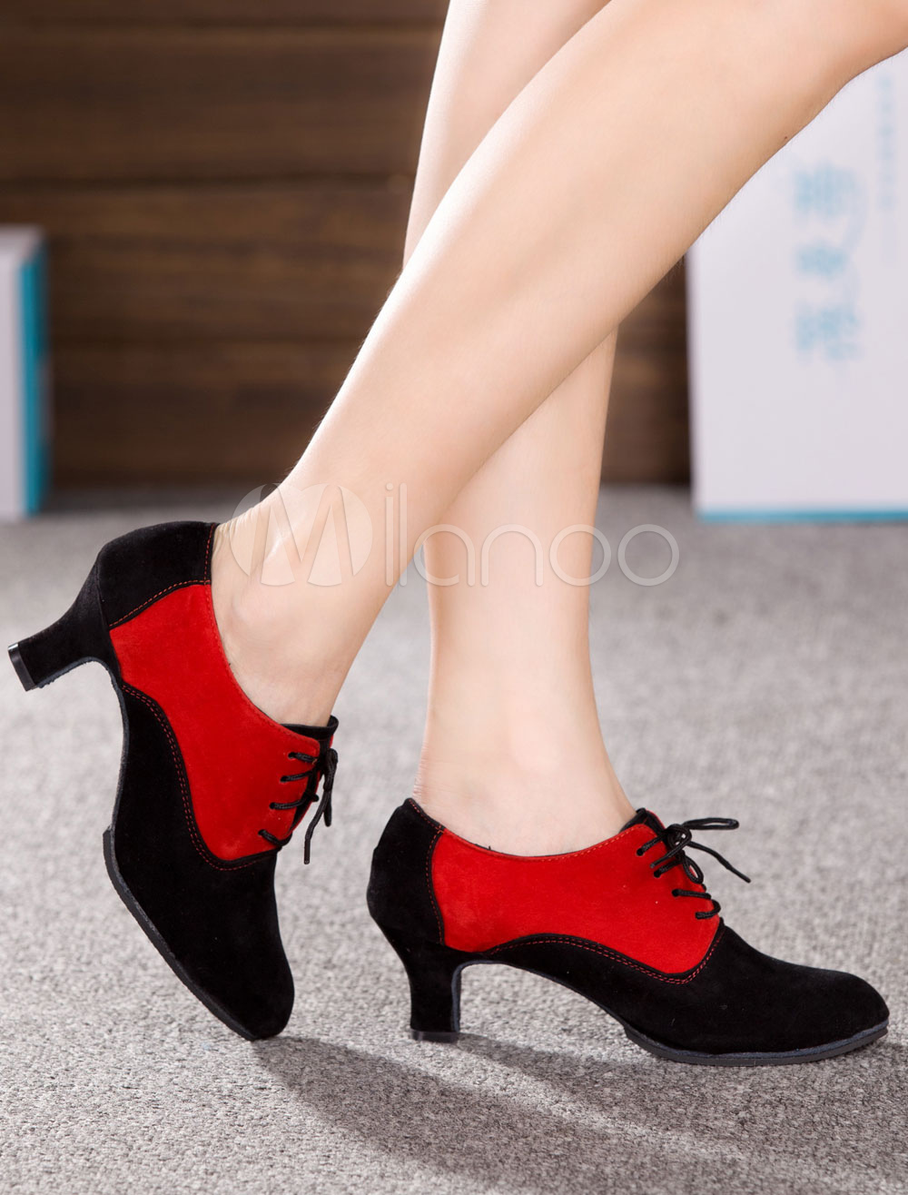 Black Dance Shoes Lace Up Suede Chic Heels for Women