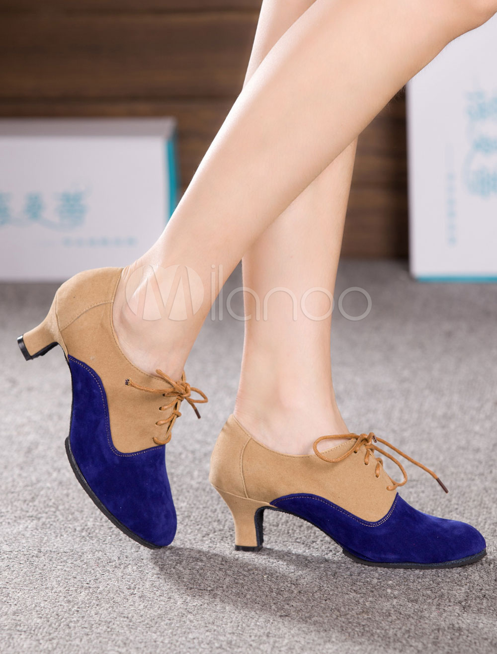 Black Dance Shoes Lace Up Suede Chic Heels for Women