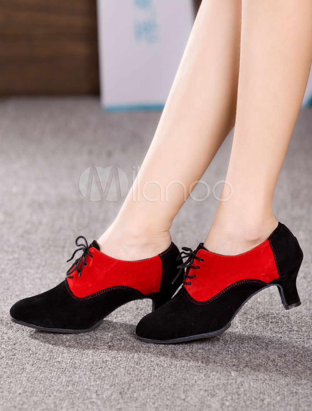 Black Dance Shoes Lace Up Suede Chic Heels for Women