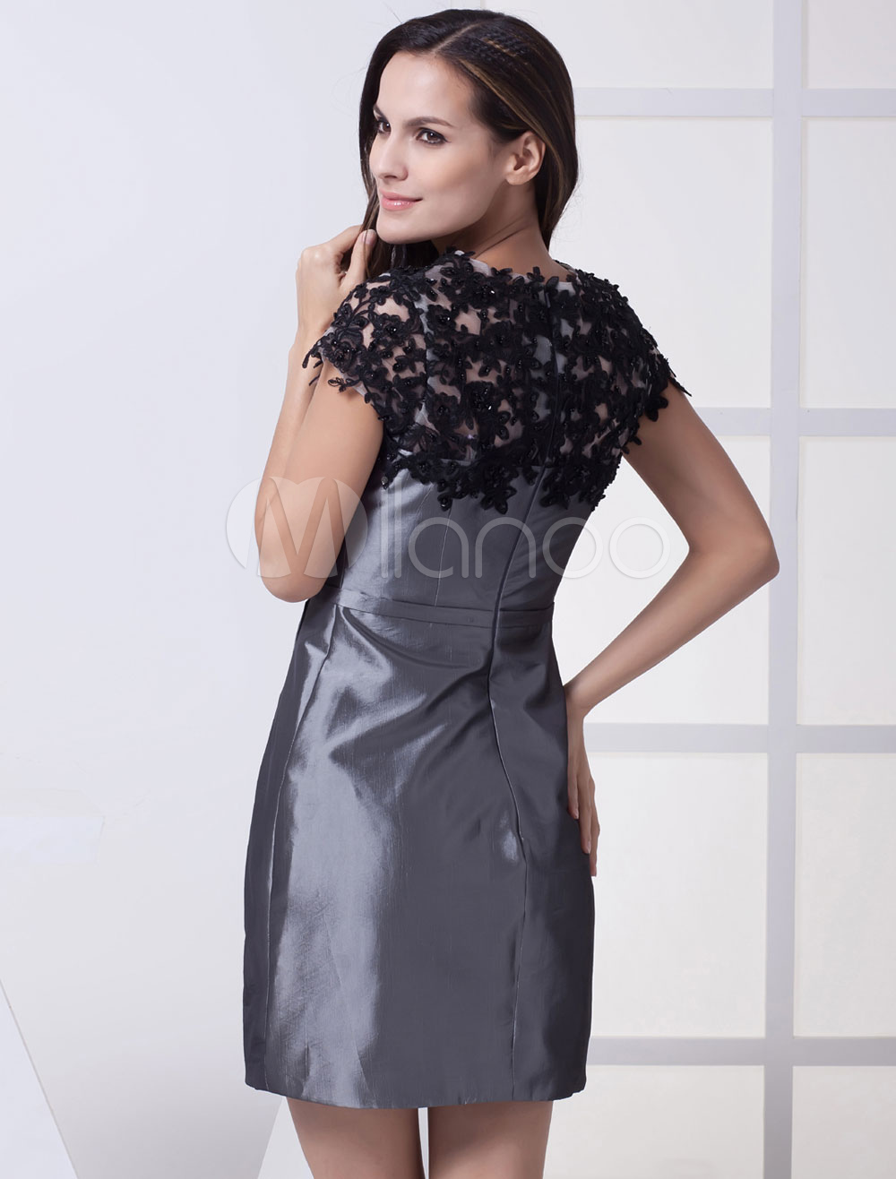 Grey Cocktail Dress Lace Applique Beading Pleated Taffeta ALine Short Wedding Party Dress