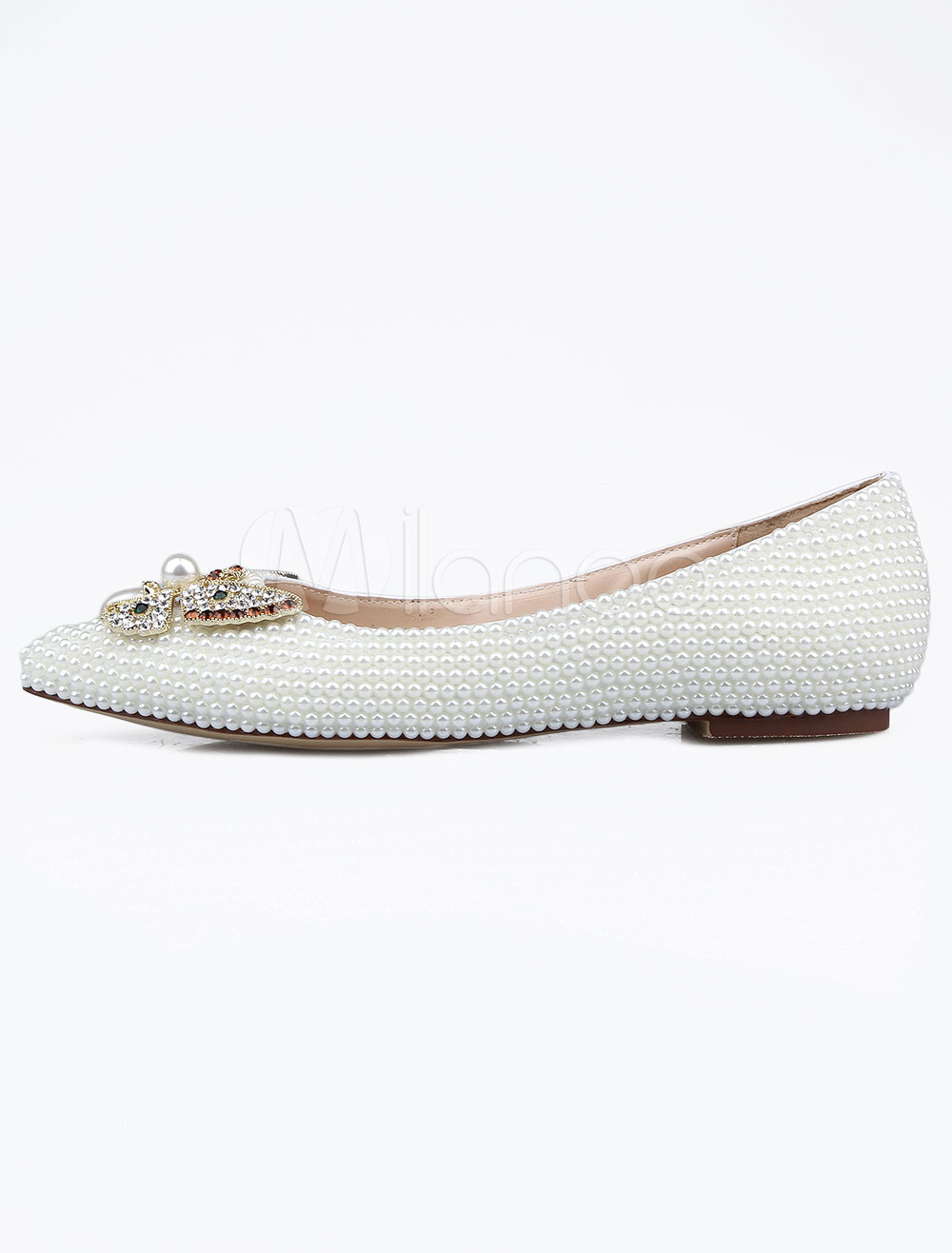 white flats with pearls