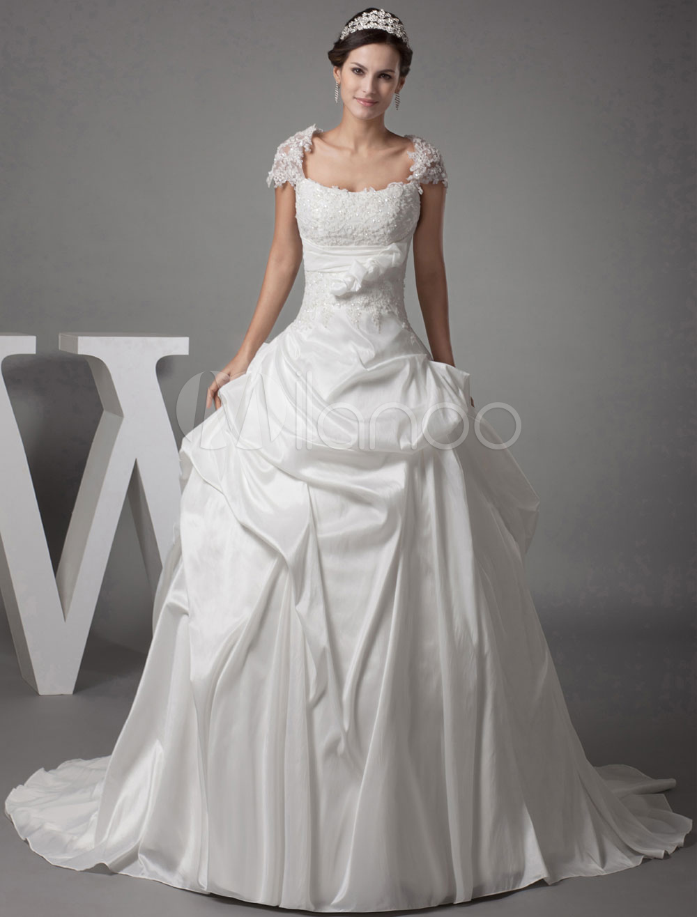 Ball Gown Off The Shoulder Beading Lace Applique Taffeta Pleated Chaple Train Bridal Dress 6290