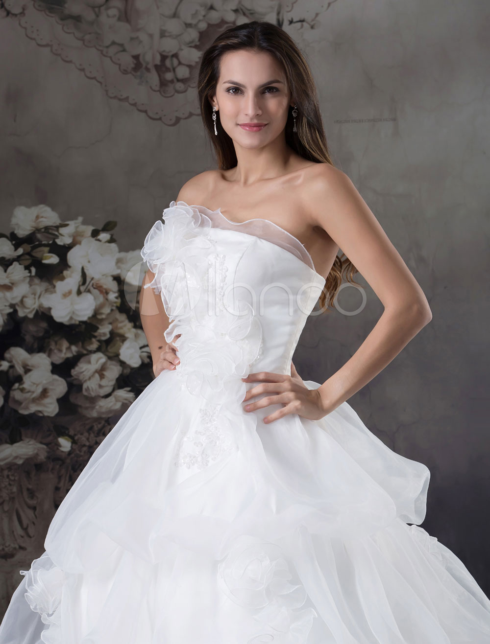 Rückenfreie Hochzeitskleid trägerlos Blume Applique Organza a-Linie ...