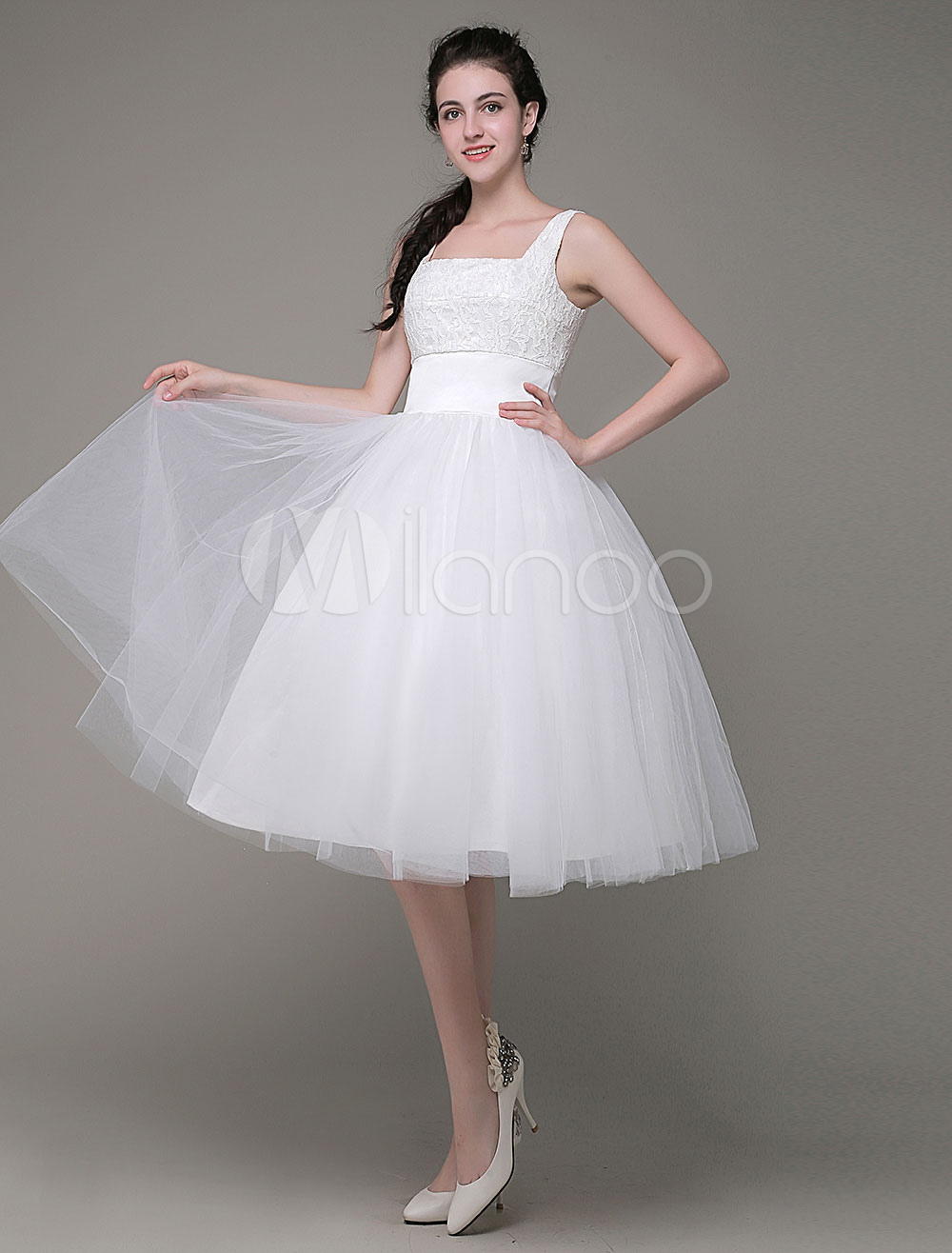 Lace Prom Dress A-Line Straps Tulle Knee-Length Quinceanera Dresses ...