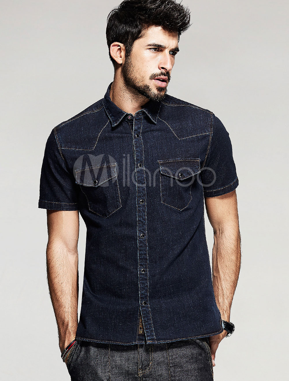 Short Sleeves Slim Denim Shirt For Men In Blue