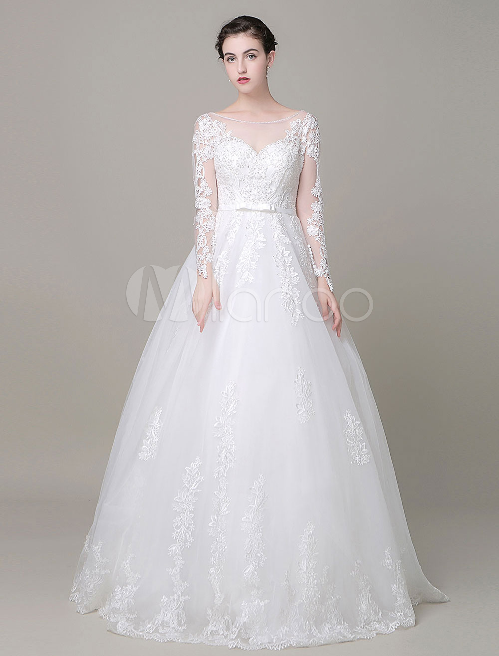 A-Line Wedding Dress Floor Length Long Sleeves Lace Beading Bridal ...