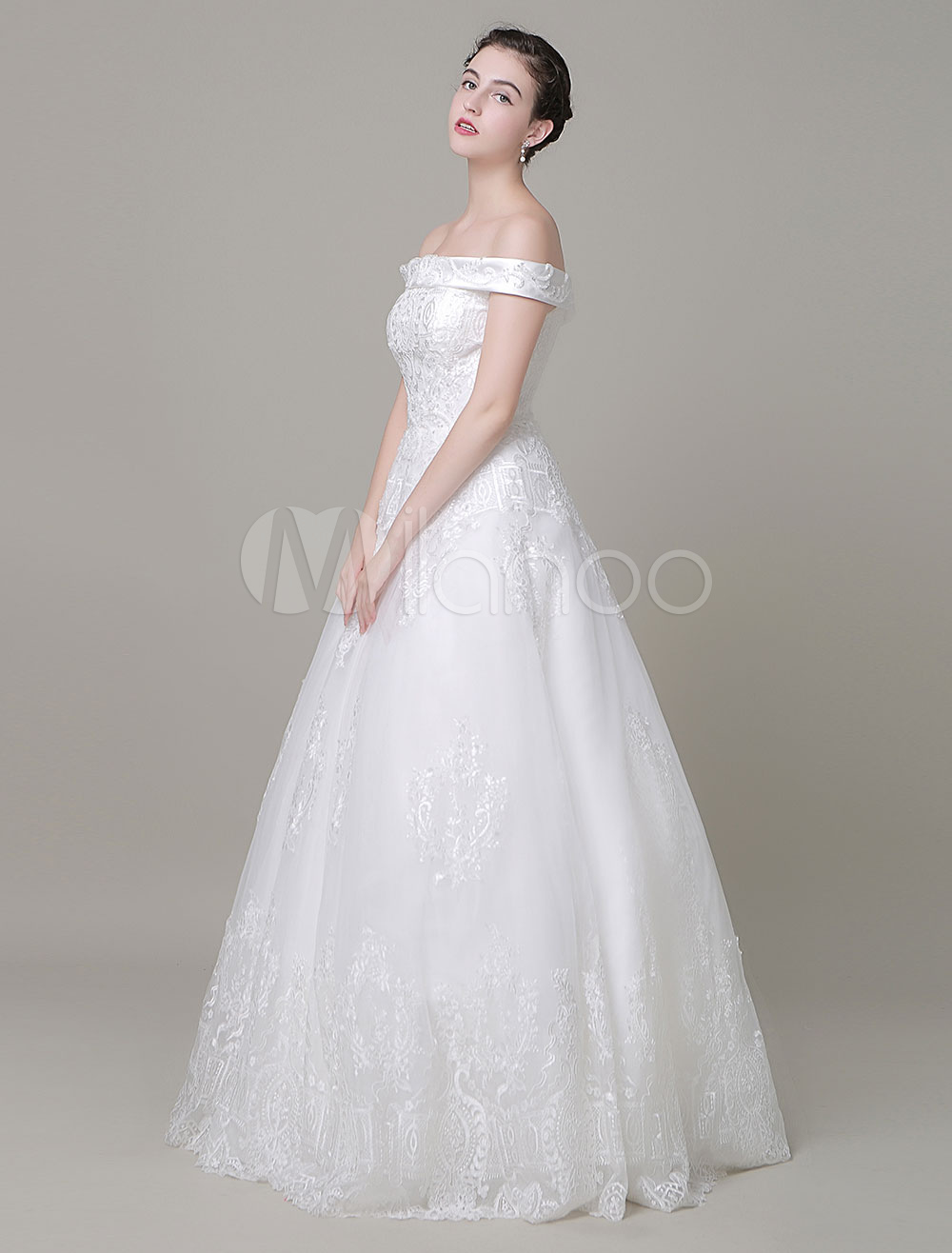 Off-The-Shoulder Wedding Dress Lace Applique Beading Floor Length A ...