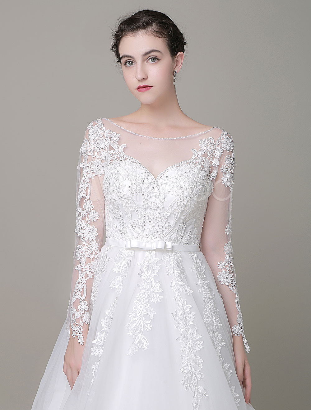 A-Line Wedding Dress with Long Sleeves, Lace, and Beading