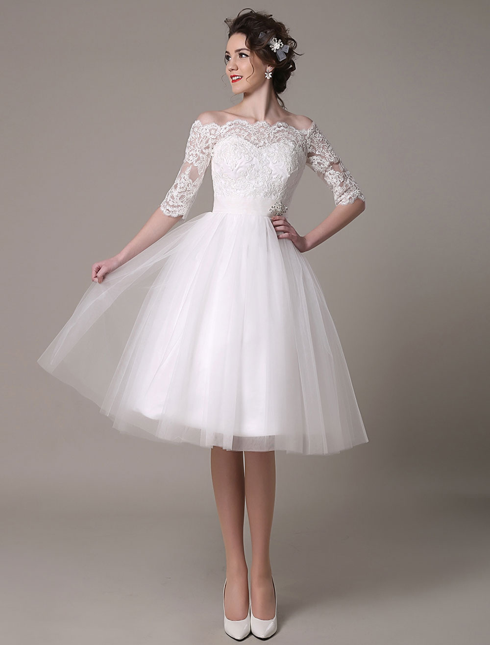 Lace Wedding Dresses 2021 short off the shoulder A Line Knee Length ...