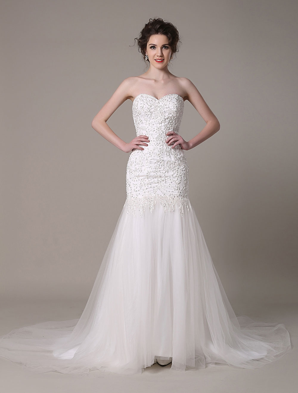 Sequined Wedding Dress Detachable Neckline Lace Applique Mermaid Court ...