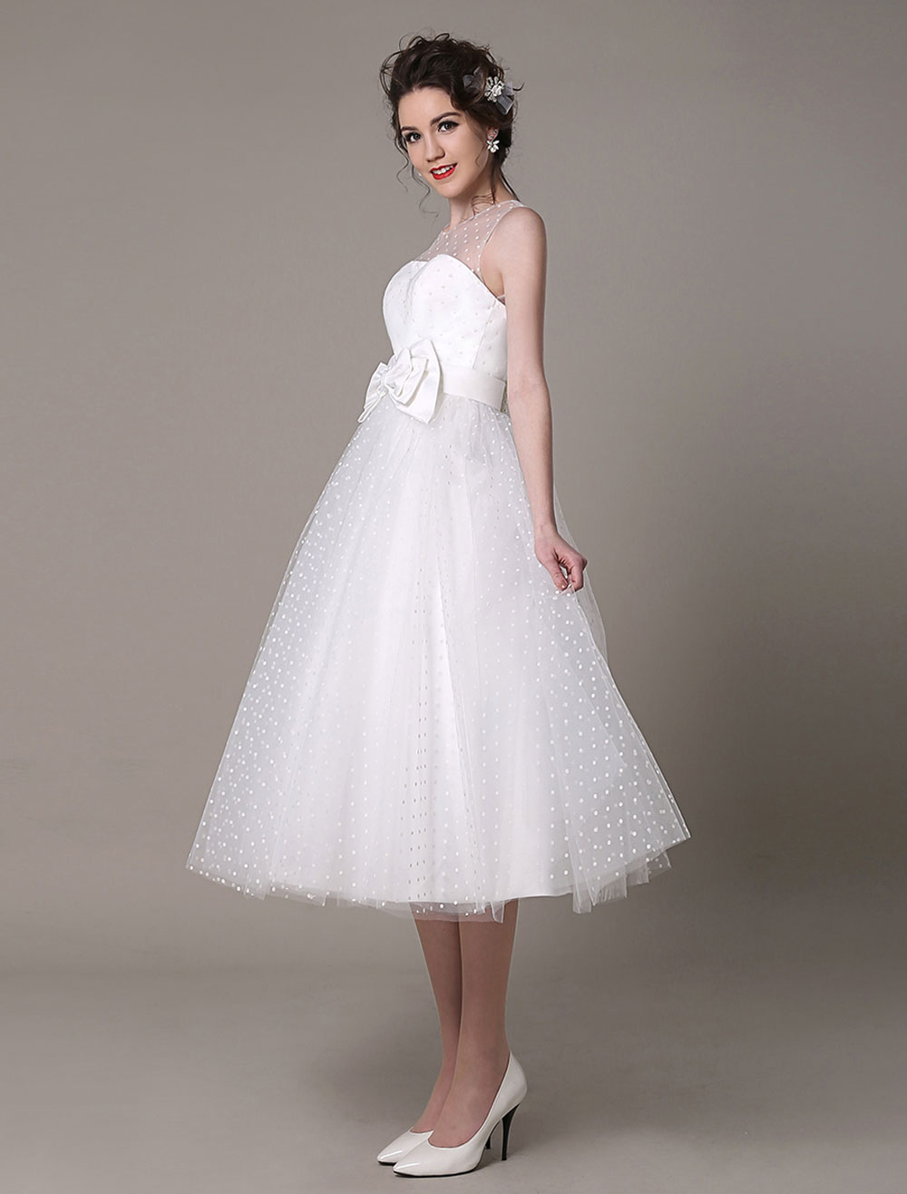 Tulle Wedding Dress Strapless A-Line Tea Length Bridal Dress With Bow ...