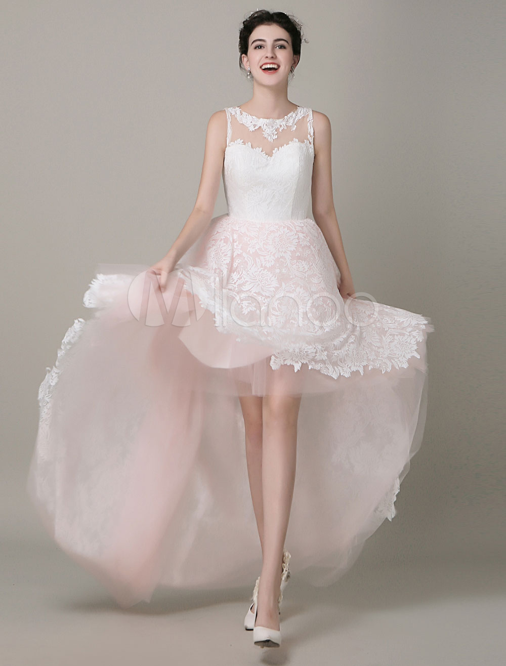 High-Low Wedding Dress Lace Illusion Neckline Bridal Running Dress ...