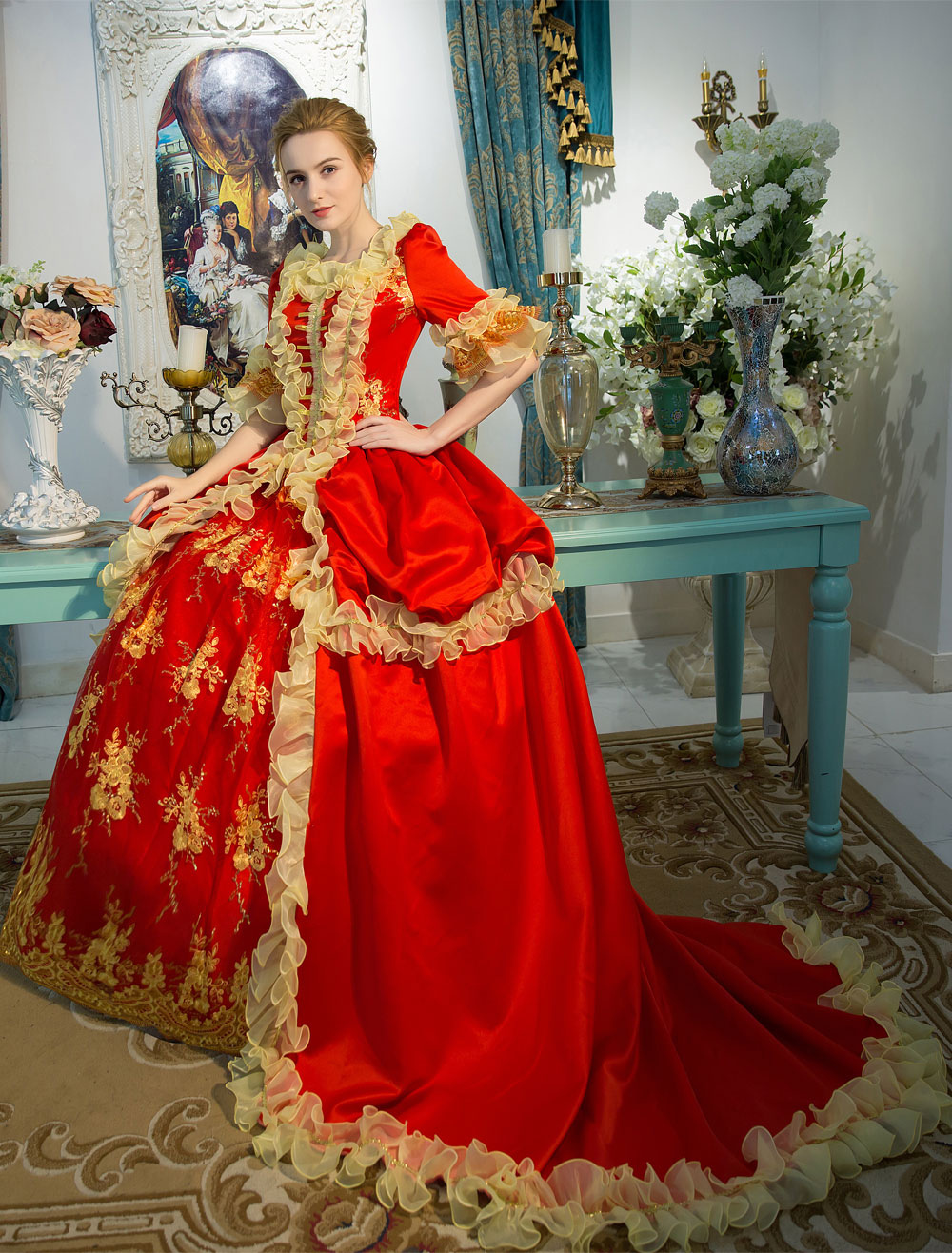 Victorian Dress Costume Red Retro Costume Baroque Embroidered Zipper