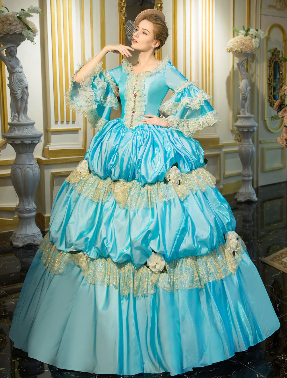 Traje Rococo Disfraz Carnaval Traje Retro azul rococó en niveles vestido de campana ...