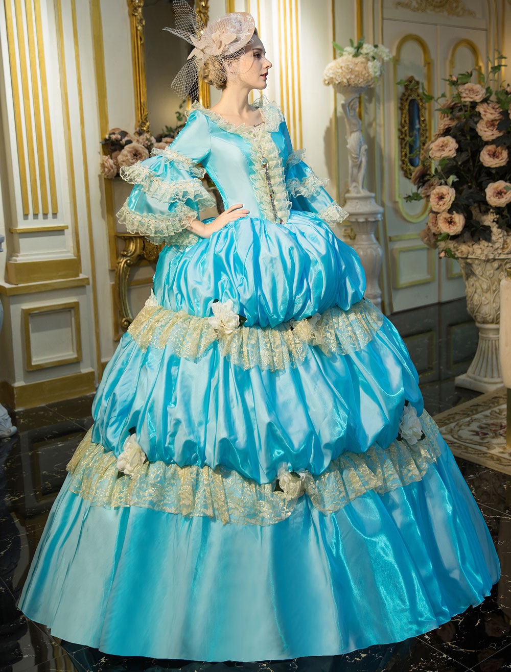 Victorian Dress Costume Blue Retro Costume Rococo Tiered Bell Sleeves ...