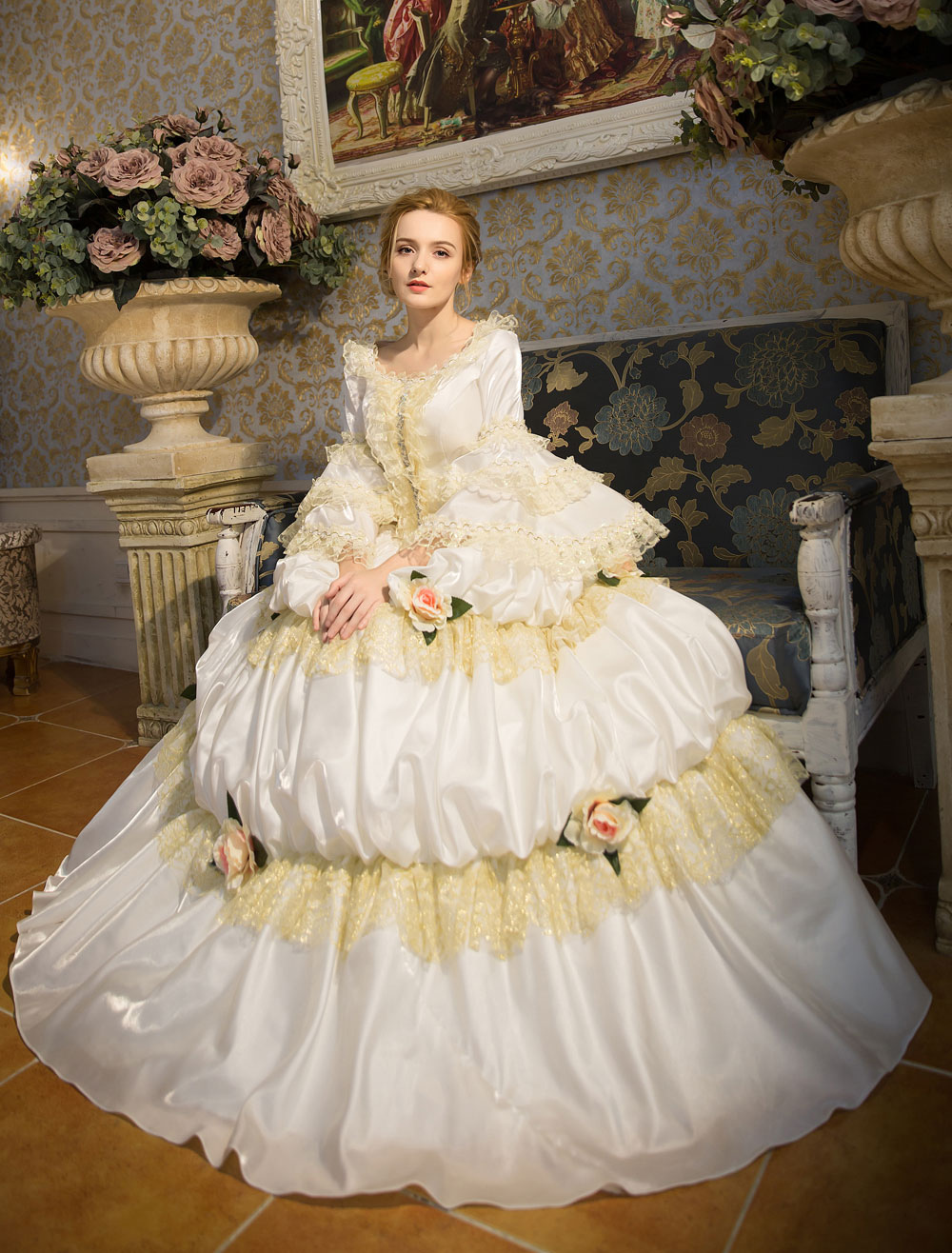 Retro Style Robe Princess Victorian Dress Costume Blue Retro Costume Rococo Tiered Bell Sleeves ...