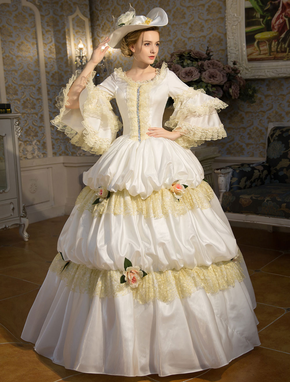 Traje Rococo Disfraz Carnaval Traje Retro azul rococó en niveles vestido de campana ...