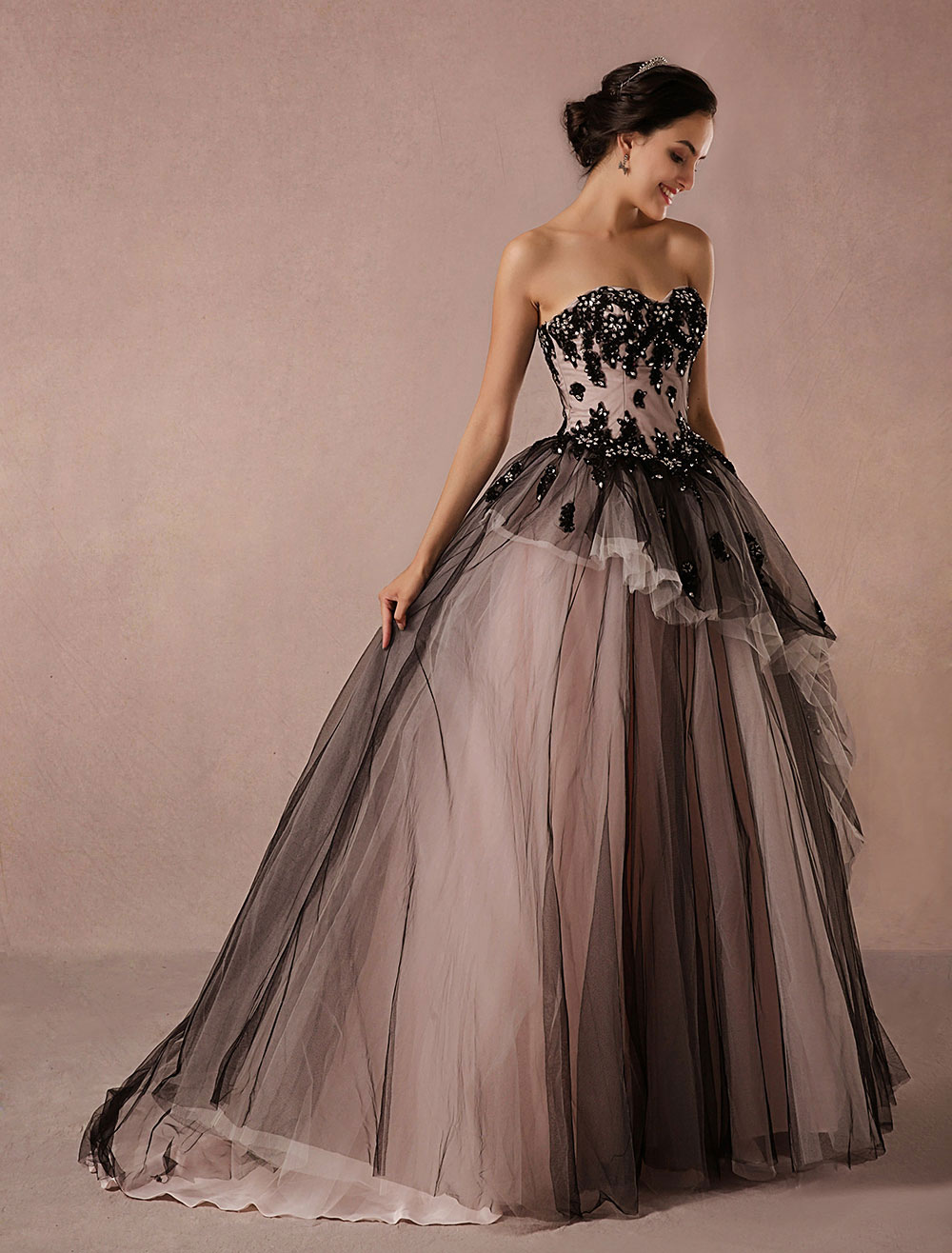 Black Wedding Dress Lace Tulle Chapel Train Bridal Gown Strapless
