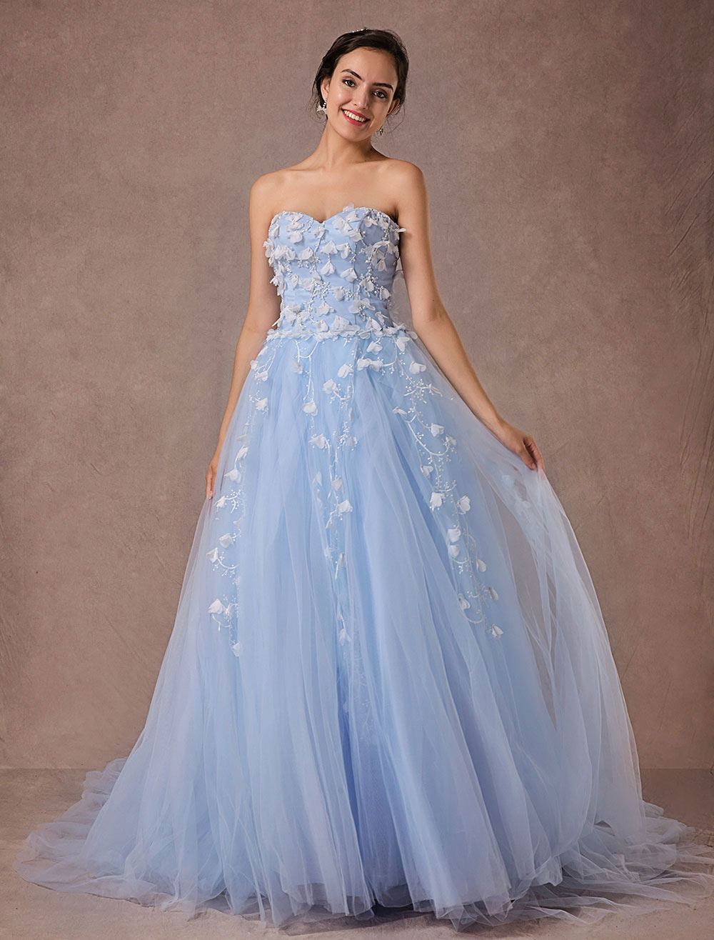Blue Wedding Dress Lace Tulle Chapel Train Bridal Gown Sweetheart ...