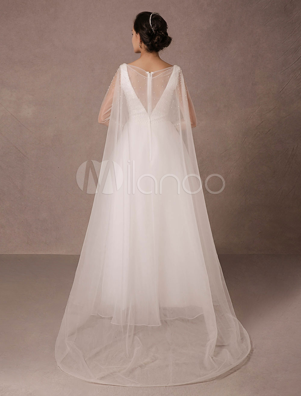 Tulle Wedding Dress Long Sleeves Pearls Beading Floor-length A-line 