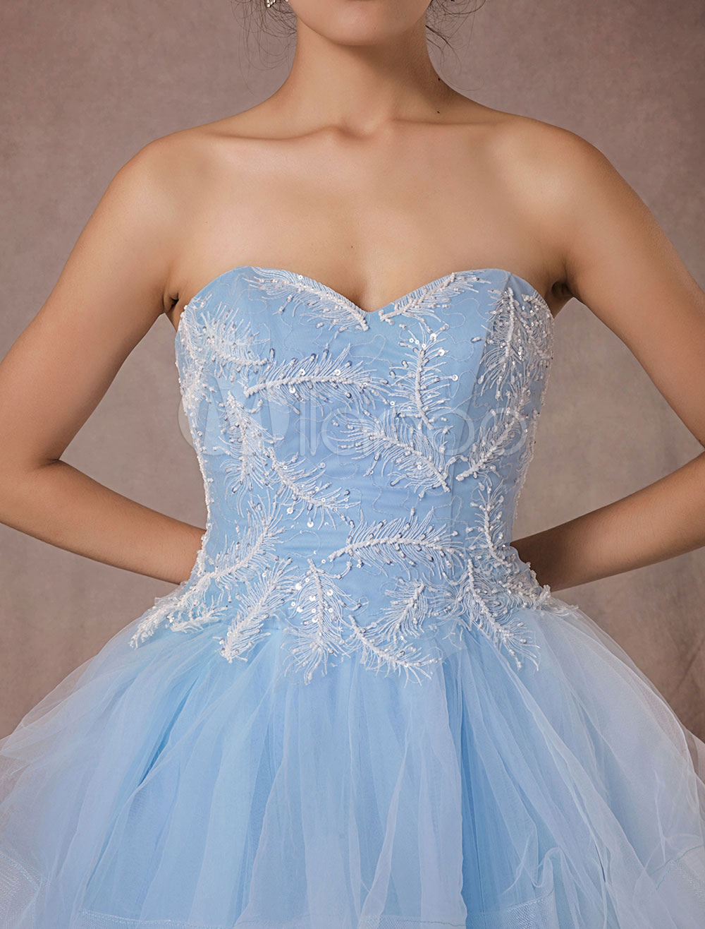 Blue Wedding Dress Tulle Ball Gown Lace Applique Strapless Beading