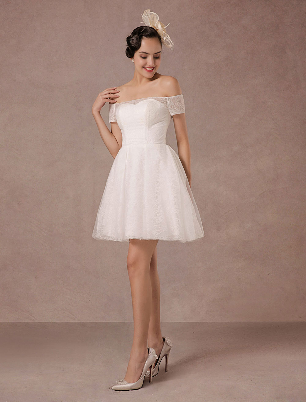 Short Wedding Dress Lace Off The Shoulder Mini A-Line Vintage Bridal ...