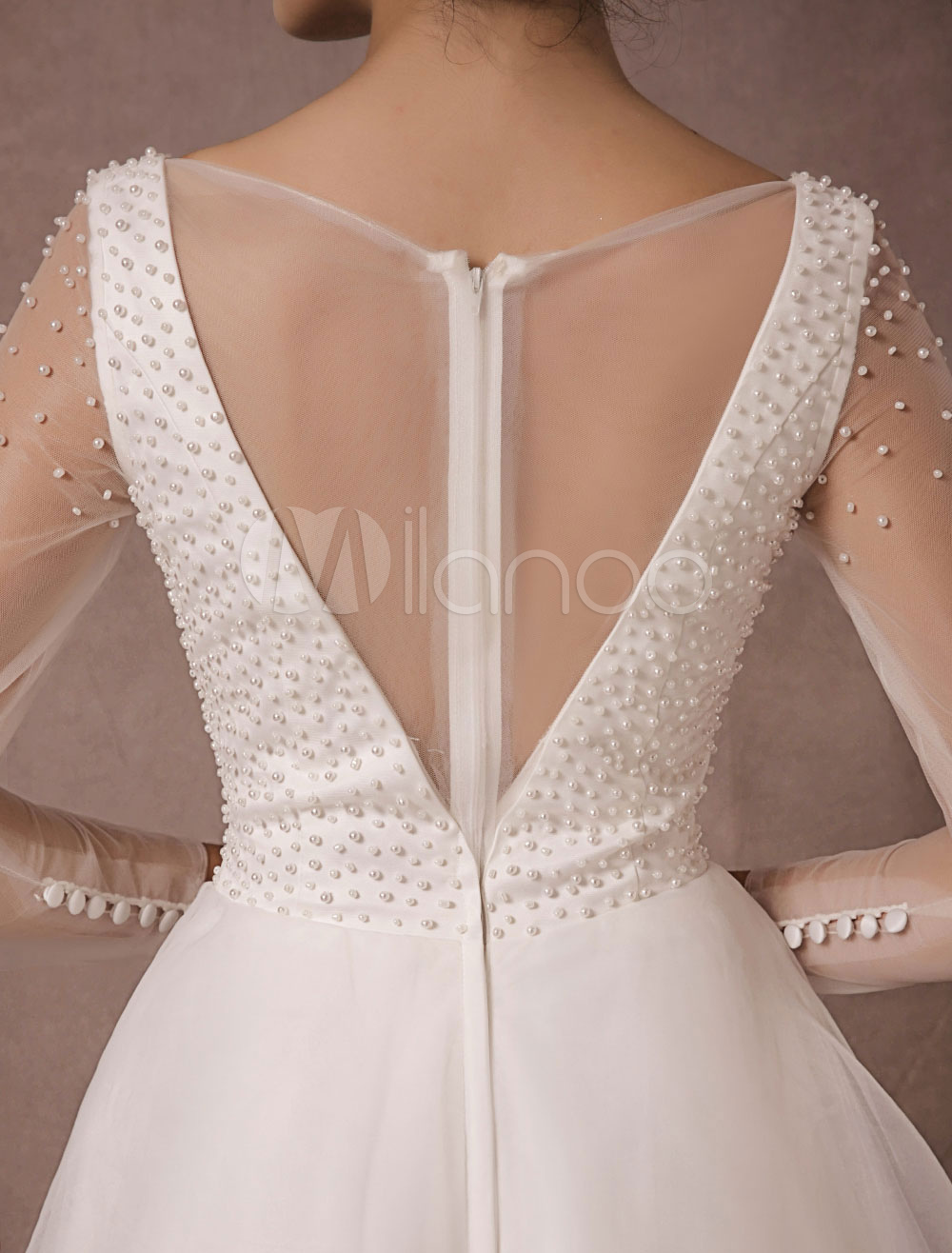 Bubble Sleeve Handmade Flower Pearl Tulle A-line Wedding Dress