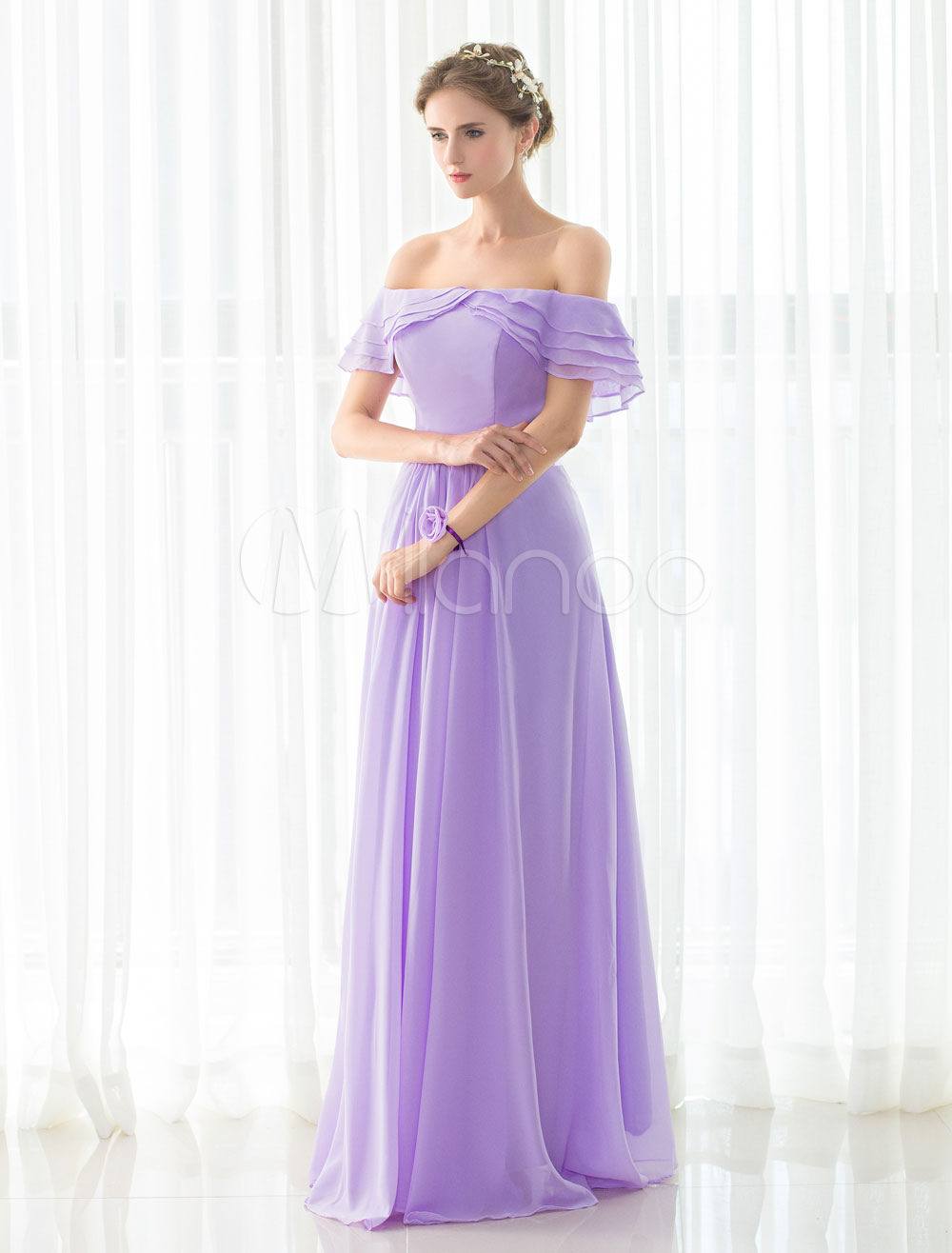 Chiffon Bridesmaid Dress Lilac Off-the-shoulder Floor-length Backless ...