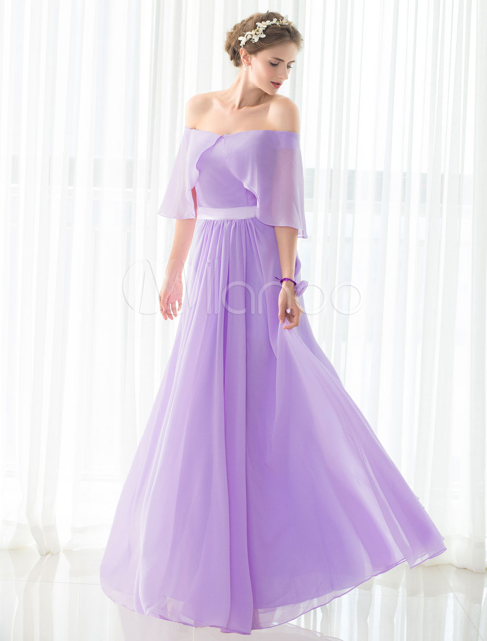 Lilac Bridesmaid Dress Maxi Chiffon Bateau Lace-up Floor-length Satin ...