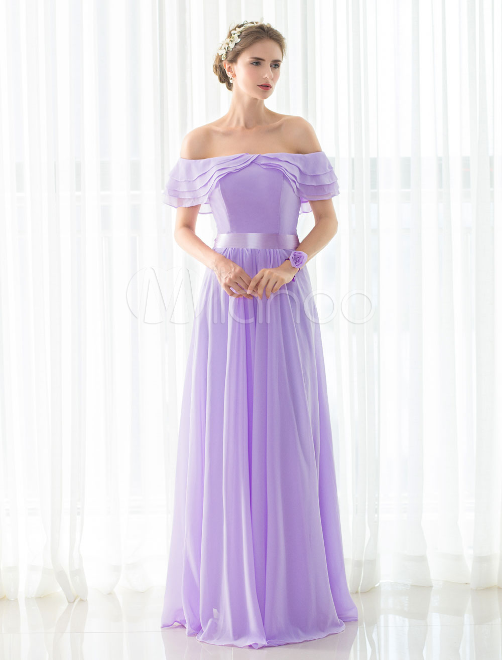 Chiffon Bridesmaid Dress Lilac Off-the-shoulder Floor-length Backless ...