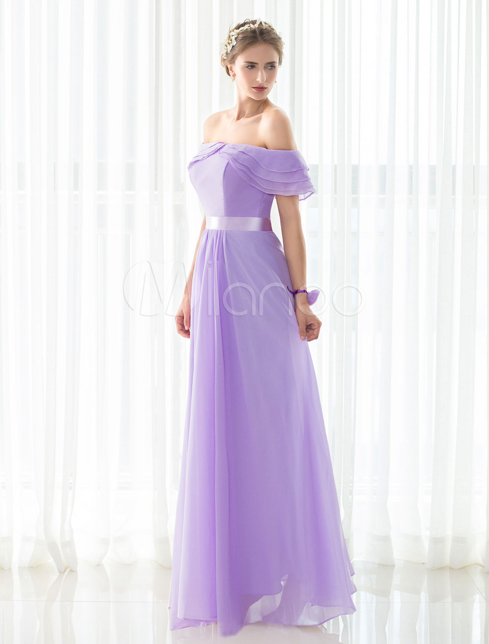 Chiffon Bridesmaid Dress Lilac Off-the-shoulder Floor-length Backless ...