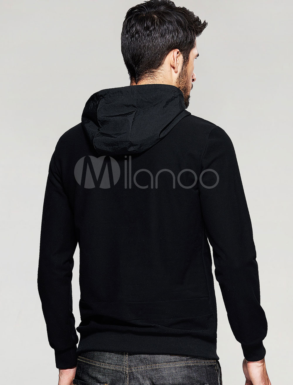 Black Pullover Hoodie Long Sleeve Drawstring Shaping Cotton Sweatshirt ...