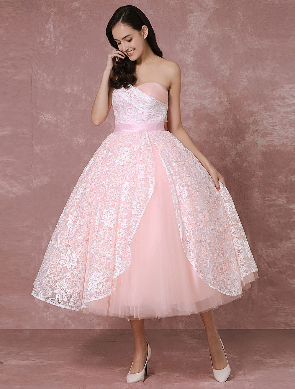 blush lace wedding gown