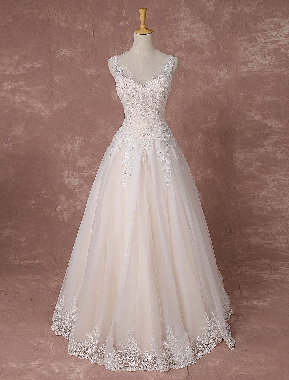 Champagne Lace Wedding Dress Backless Bridal Gown Floor-length A-line ...