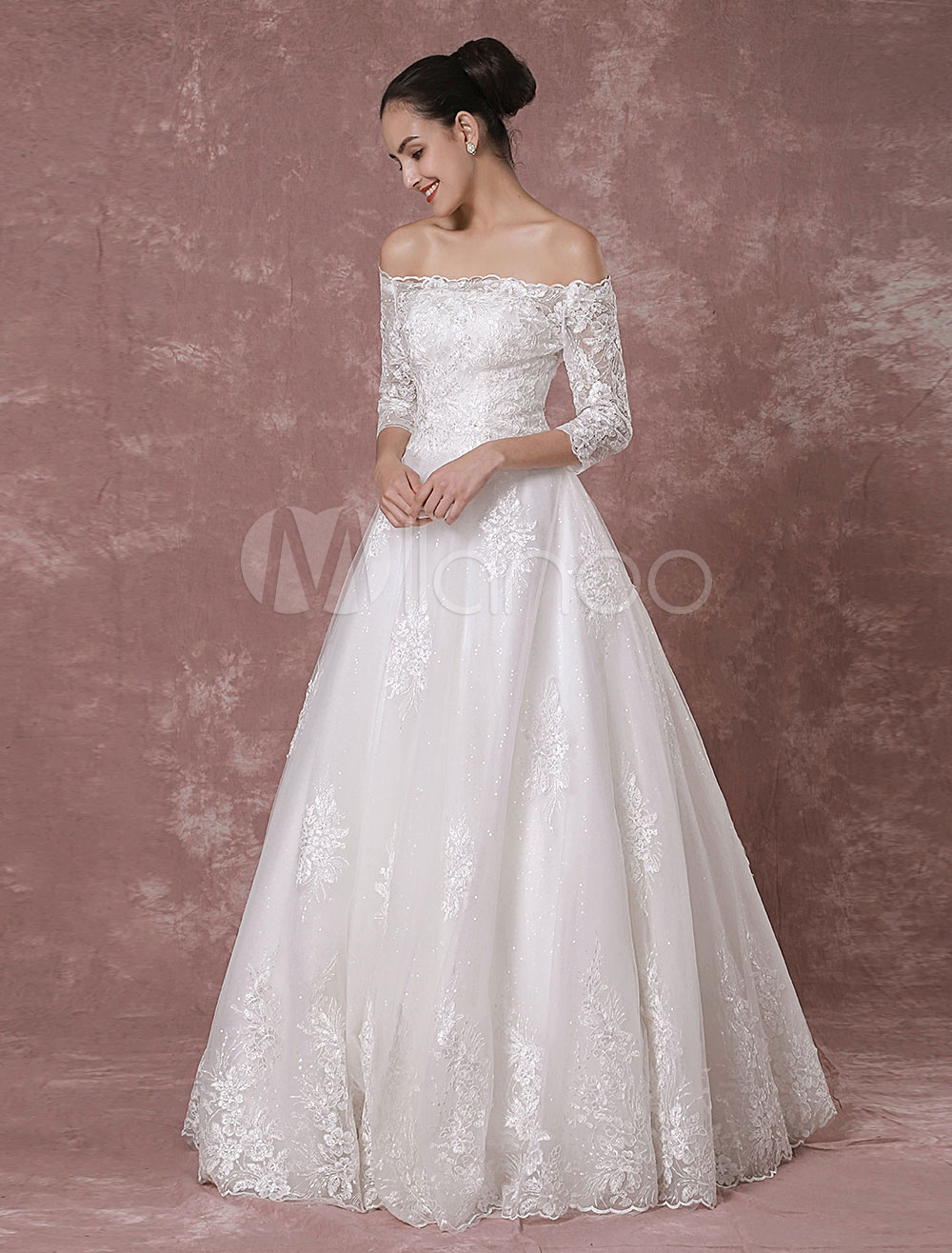 Lace Wedding Dress Off-the-shoulder Sequin Tulle Half Sleeves Bridal ...
