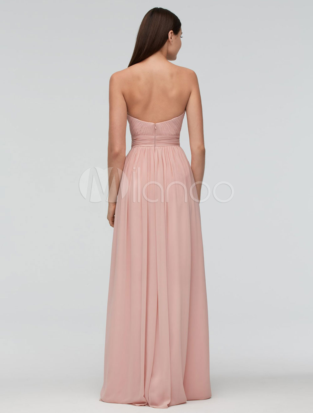 Strapless Simple Chiffom Maxi Bridesmaid Dresses Peach Plus Size