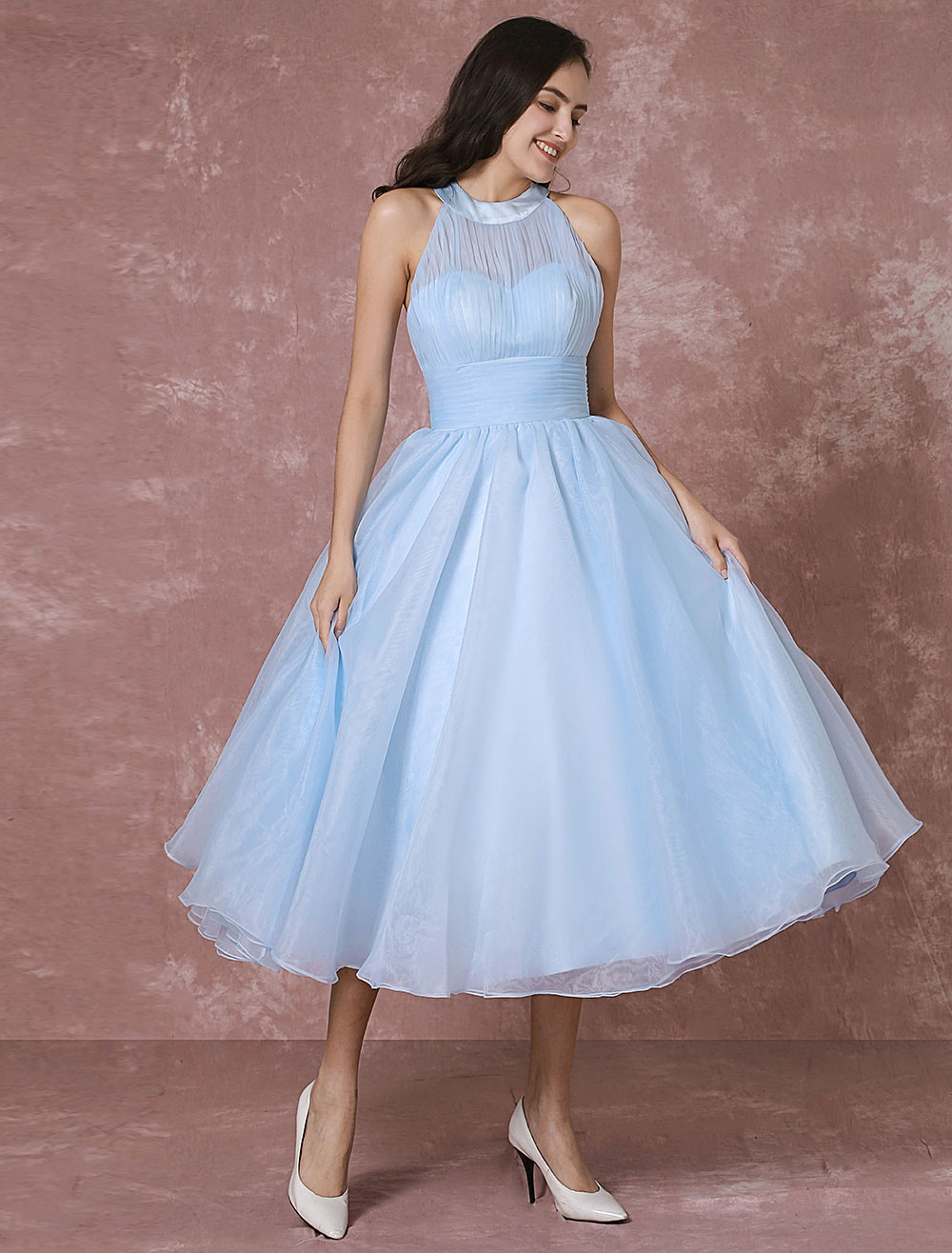 Blue Wedding Dress Short Tulle Vintage Bridal Dress Halter Backless — free download