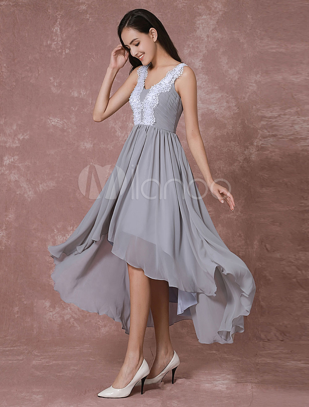 Short Prom Dress Chiffon Cocktail Dress Highlow Lace Applique Backless