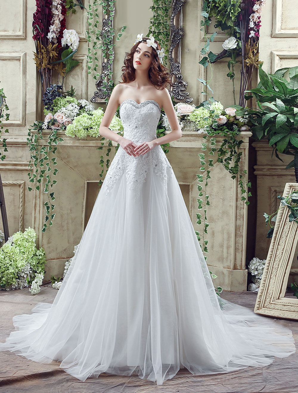 Tulle Wedding Dress Lace Beading Bridal Gown Strapless Sweetheart