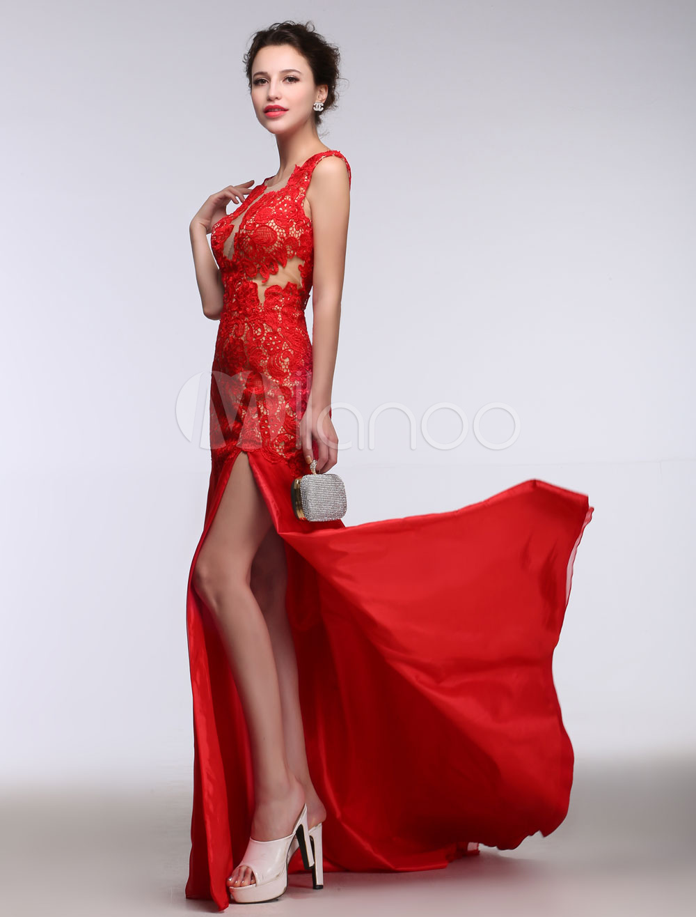 Lace Evening Dress Red Mermaid Occasion Dress Illusion Backless Satin ...