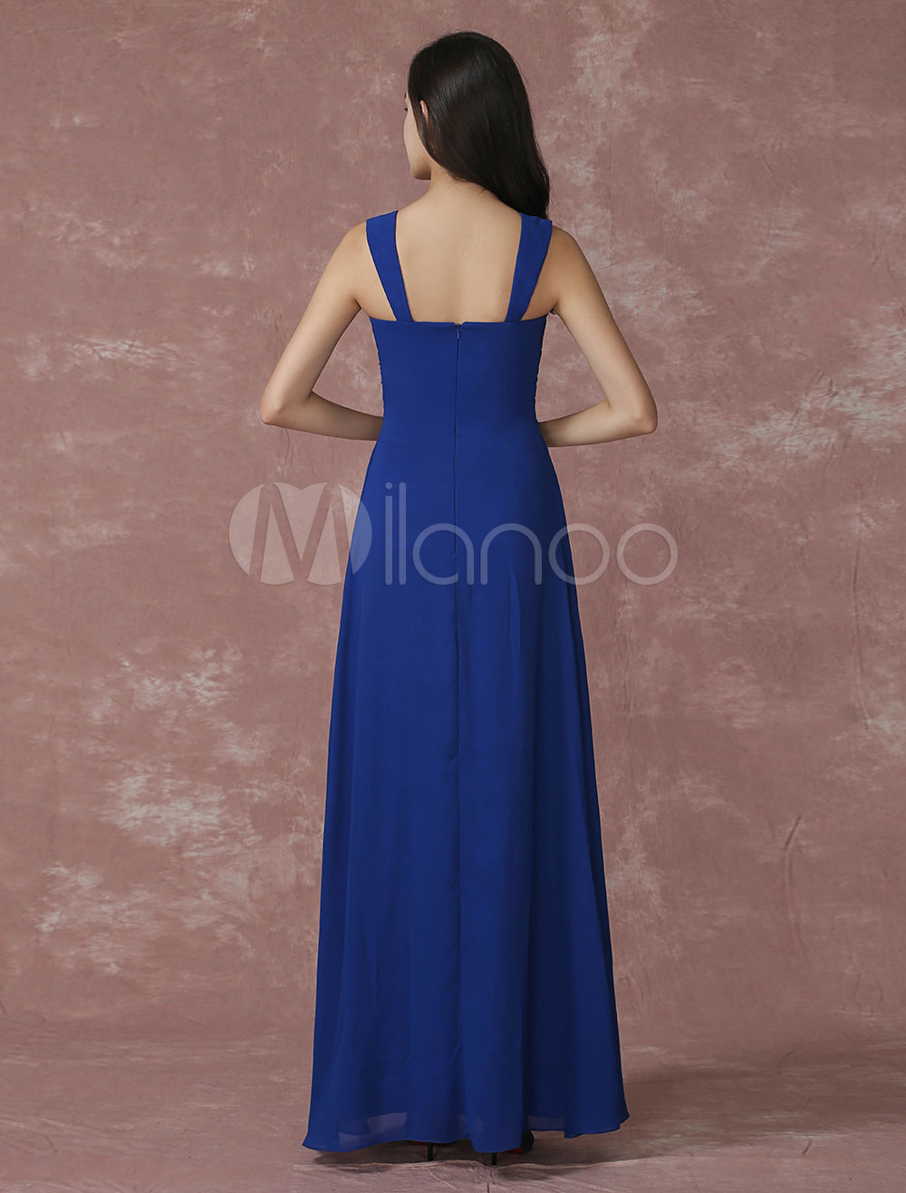 Chiffon Bridesmaid Dress Royal Blue Pleated Sweetheart Strap A Line Maxi Wedding Party Dress 1962