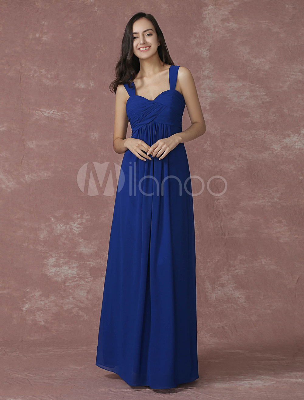 Chiffon Bridesmaid Dress Royal Blue Pleated Sweetheart Strap A Line Maxi Wedding Party Dress 