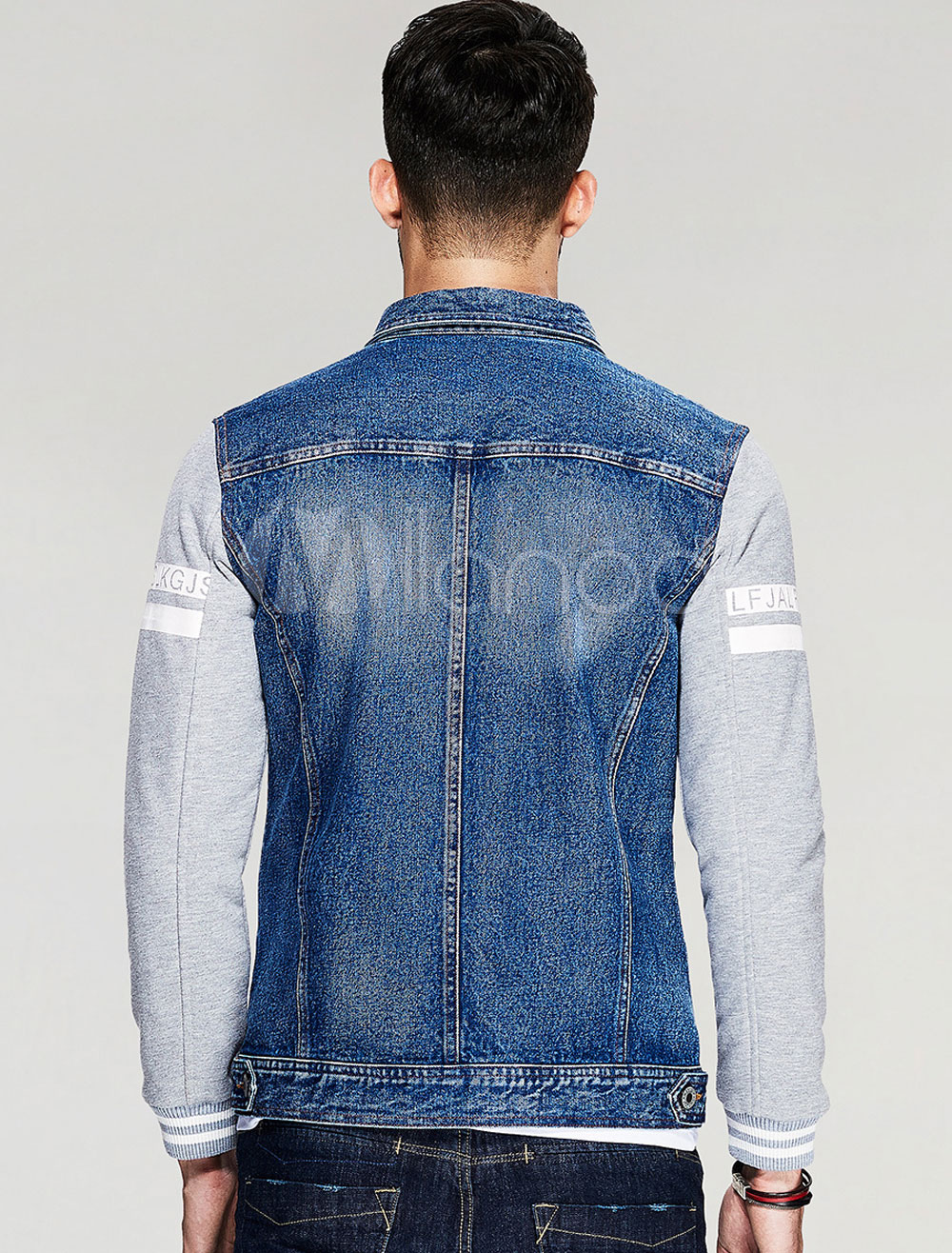 Blue Denim Jacket Men's Long Striped Sleeve Patchwork Casual Short