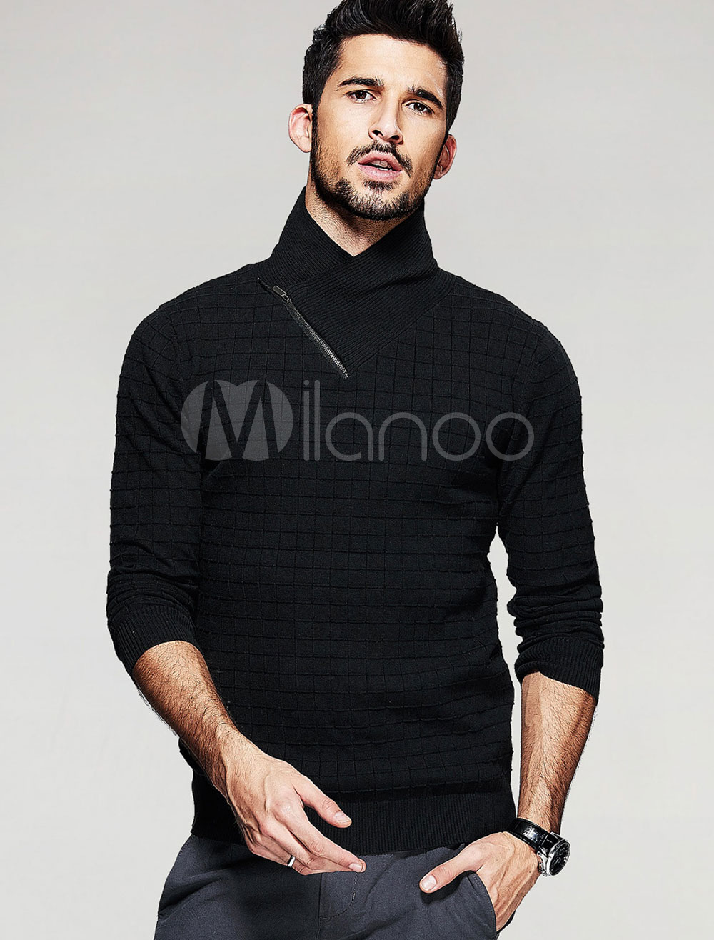 Men's Black Sweater Cotton High Collar Pullover Knitwear