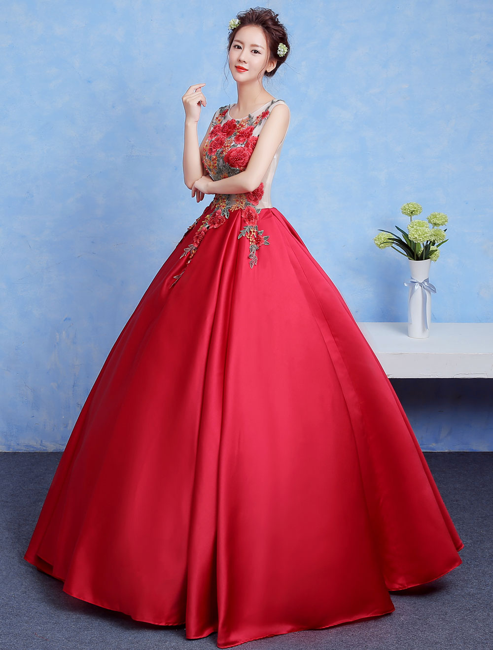 Ruby Princess Dress Illusion Applique Beading Ball Gown Pageant Dress ...