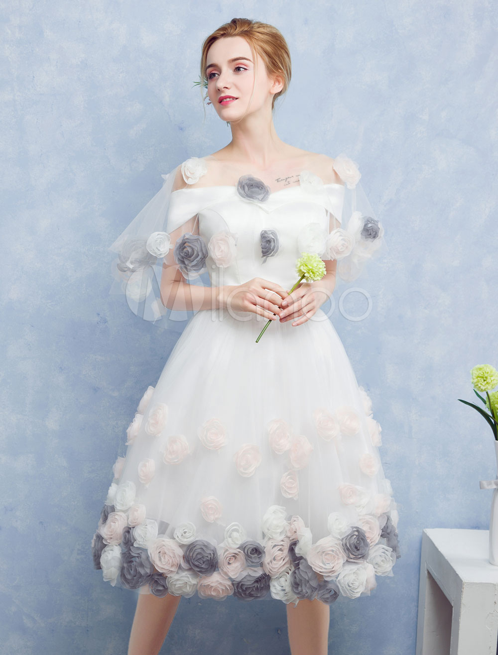 White Prom Dresses 2021 Short Off The Shoulder Prom Dress Tulle 3D