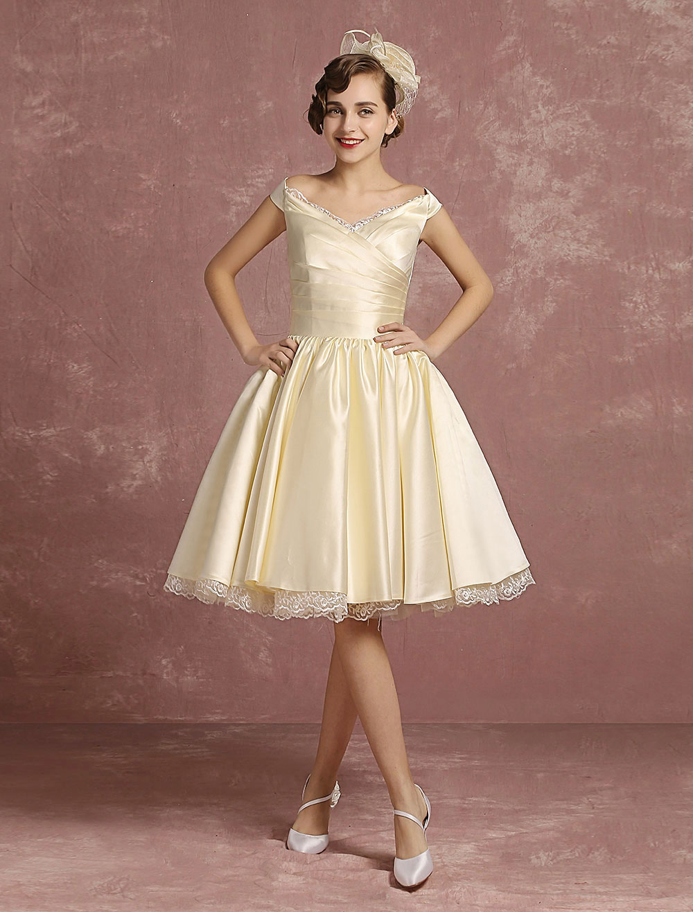 Short Wedding Dresses Satin Vintage Princess Bridal Dress Knee Length ...
