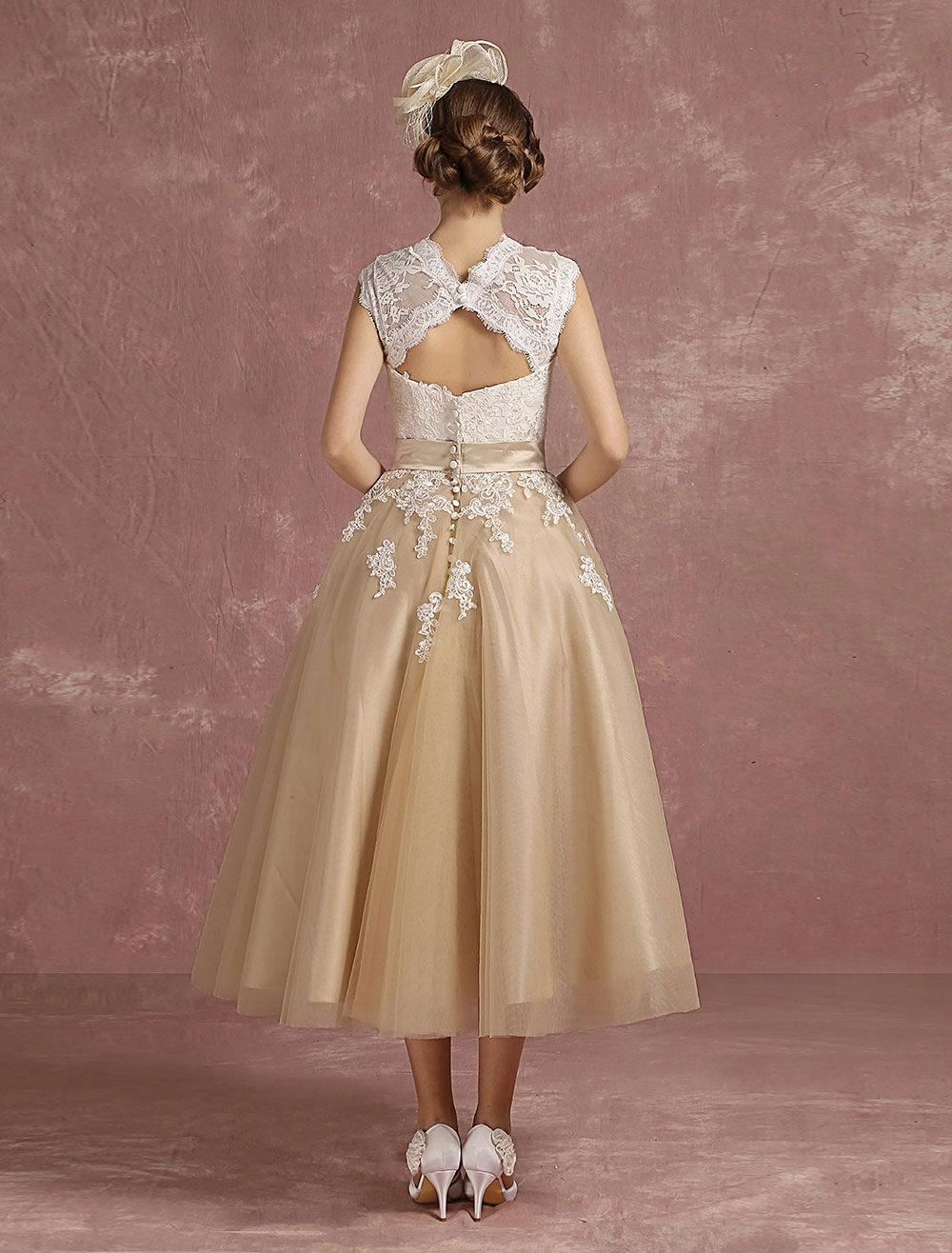 Vintage-Inspired Short Wedding Dress and Mini Dress with Lace Appliqué